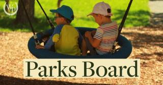 Two children on a swing with the text "Parks Board"