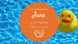 Rubber duck floating in a swimming pool, with text that says June city news and the Willow Park city logo