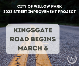 Photo of a road with text "Kingsgate Road begins March 6"