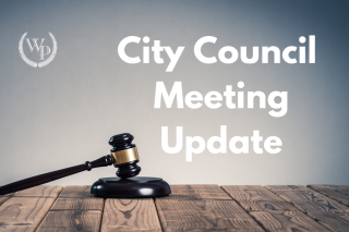 graphic with gavel that says "city council meeting update"