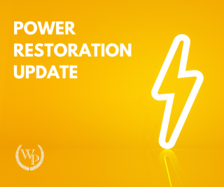 Lightning bolt graphic with the text "power restoration update"