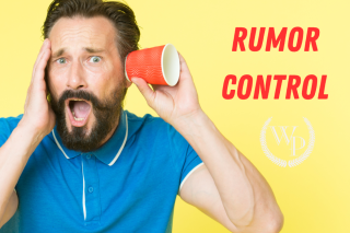 photo of a man listening with the words "rumor control"