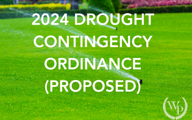 Photo of a lawn with sprinklers and the text "2024 drought contingency ordinance (proposed)"