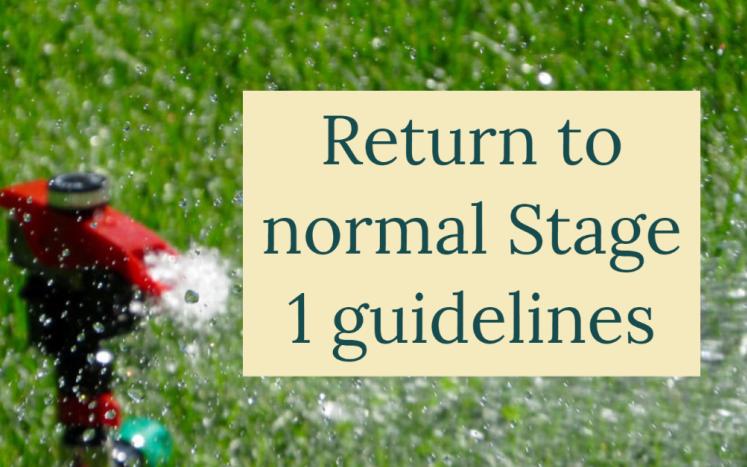 Sprinkler graphic that says "return to Stage 1 guidelines"