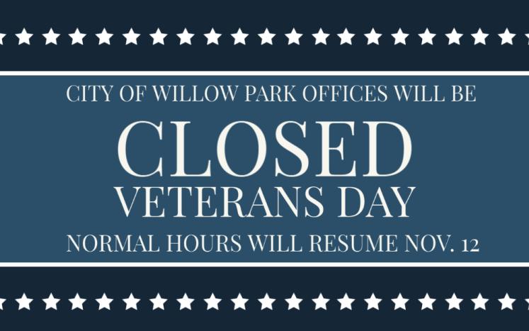 Graphic that says "closed Veterans Day"