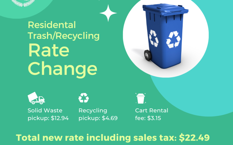 Graphic with a trash can that shows the new trash rate of $22.49 per month