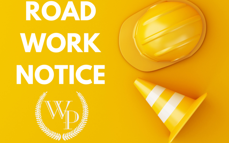 Road work notice graphic with hard hat and construction cone